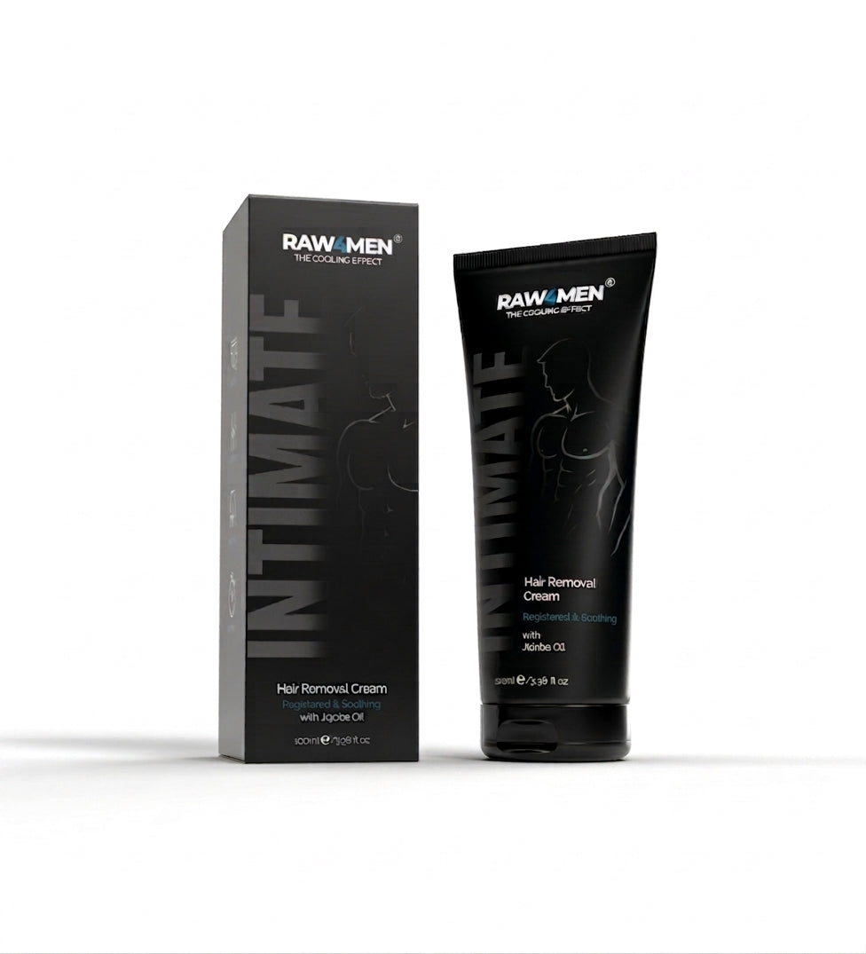 RAW4MEN premium hair removal cream — tube and box on a clean white background